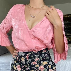 Express Pink floral silky wrap blouse